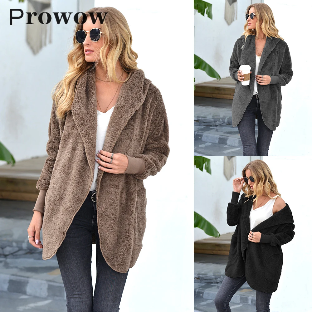

Женское теплое пальто с отложным воротником Prowow, модная плюшевая куртка с капюшоном и карманами, однотонное Свободное пальто большого разм...
