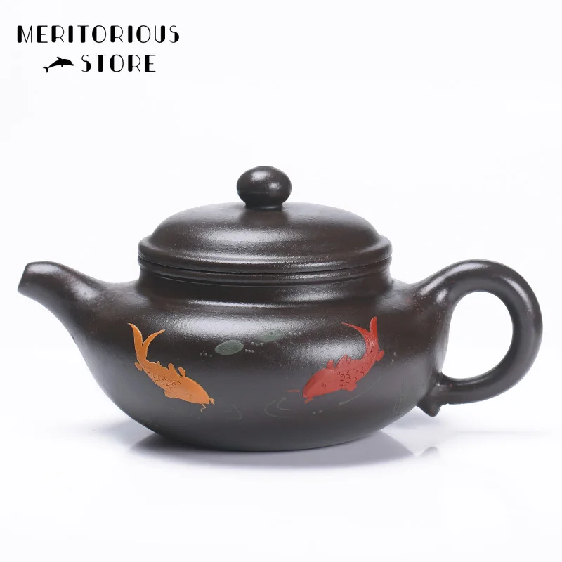 

Fish Funny Black Zhu Mud Colourful Mud Painted Yixing Teapot Pure Hand Handmade Xi Shi Pot Purple Clay 300ml Tie Guanyin Puer