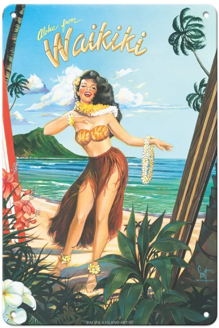 

Pacifica Island Art Aloha from Waikiki Hula Girl Dancer from an Original Color Painting by Scott Westmoreland Vintage Metal