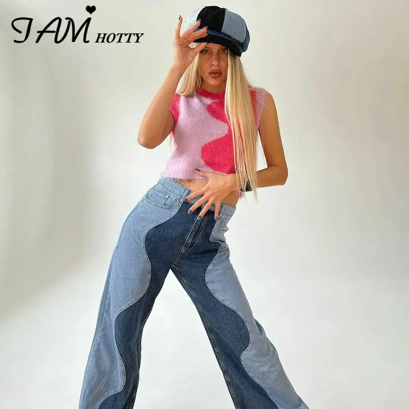 

IAMHOTTY Y2K Patchwork Wide Leg Straight Jeans Women High Waist Baggy Denim Trousers Vintage Oversize Grunge Mom Cargo Pants New