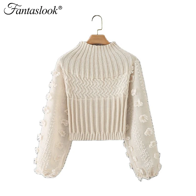 

Casual Knitted Sweater Woman Pullovers Lantern Sleeve Patchwork Short Knit Tops Ladies Autumn O-Neck Loose Korean Style Sweaters