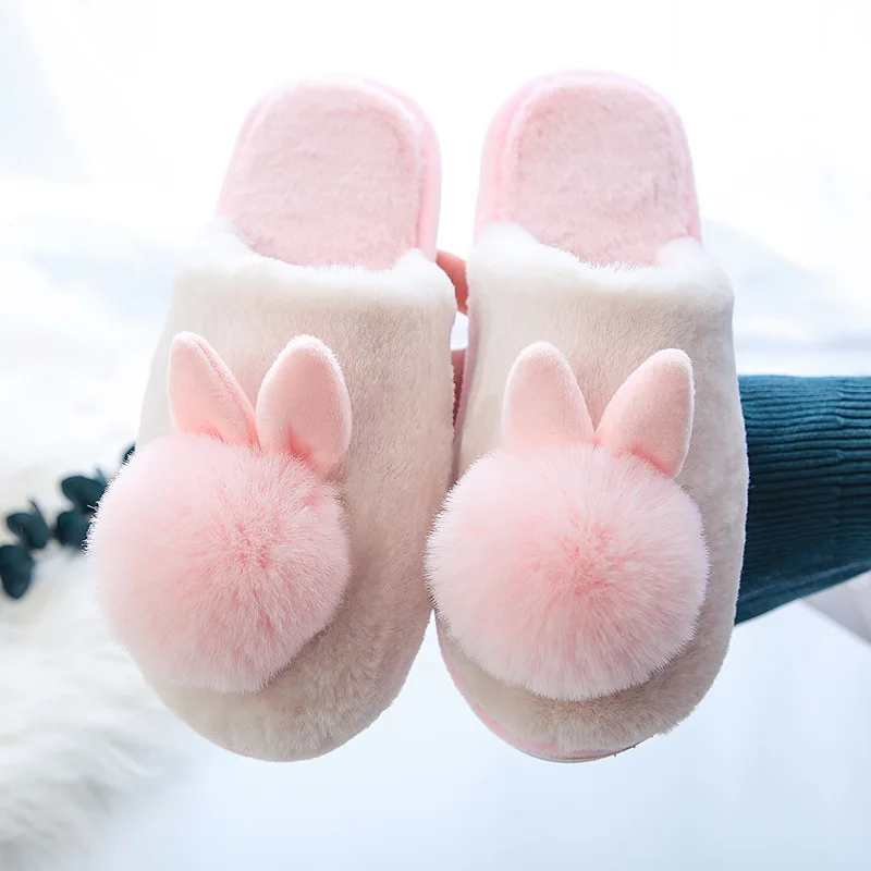 

High Quality Women Slippers Lovely Rabbit Animal Prints Solid Flat Indoor Shoes Winter Plush Warm Home Slippers MTX91