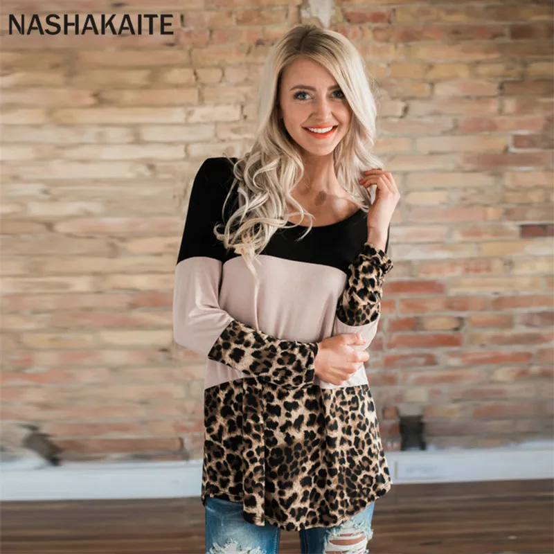 NASHAKAITE/Одежда для мамы и дочки; Лоскутная футболка с длинными рукавами и леопардовым принтом; семейная футболка; топы для женщин и девочек; семейный образ