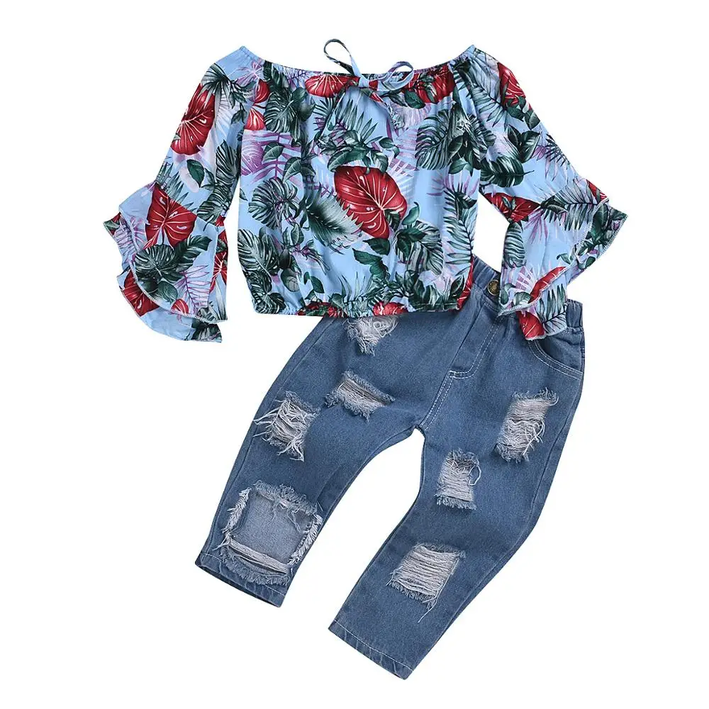

Baby Girl's Long Sleeve Flowers Print One Words Shirts+Hollow Out Blue Jeans Clothing Sets Fashion Streetwear 2PCS Clothing Sets