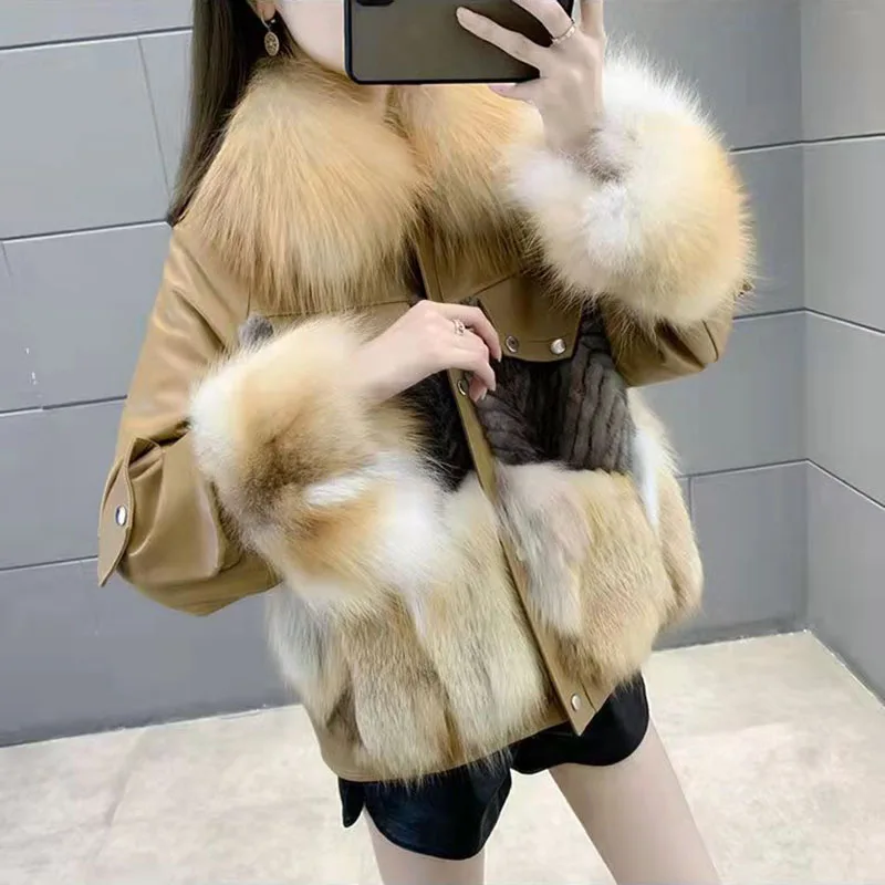 Faux Fox Fur Coat 2022 Especially Female Elegant Shaggy Winter Fashion Warm Luxury Biker Jacket Leather Russian Style Casual