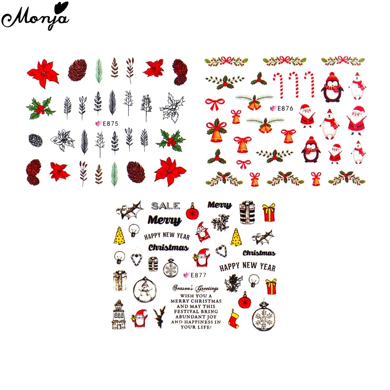 Monja 11 стилей/лист дизайн ногтей Рождественская наклейка Снеговик Лось подарок