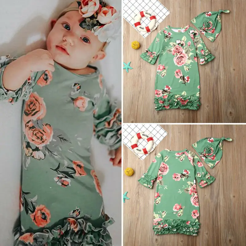 

0-6M 2PCS Flower Baby Sleeping Bags Newborn Infant Blanket Swaddle Wrap Gown Summer Fashion Print Half Sleeve Sleepwear Dress