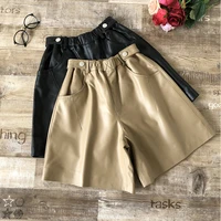 2019 autumn winter women high quality sheepskin genuine leather pants fashion high waist wide leg real leather short pants b233