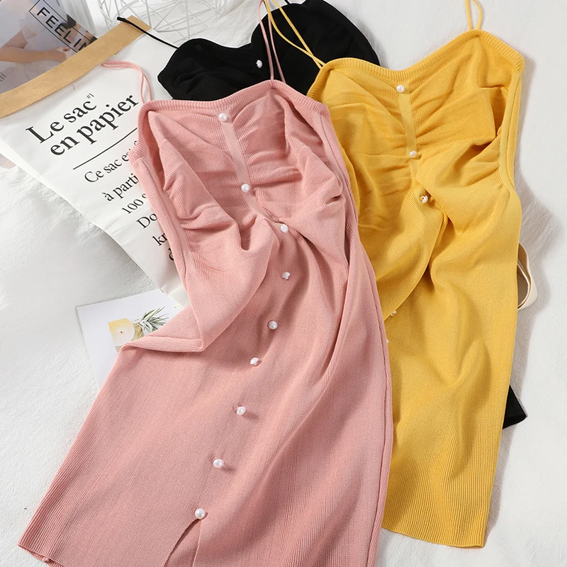 

Summer Sexy Knit Spaghetti Strap Dress Women High Waist Single-breasted Knitted Dresses Female New Fashion Robe Mujer 2020