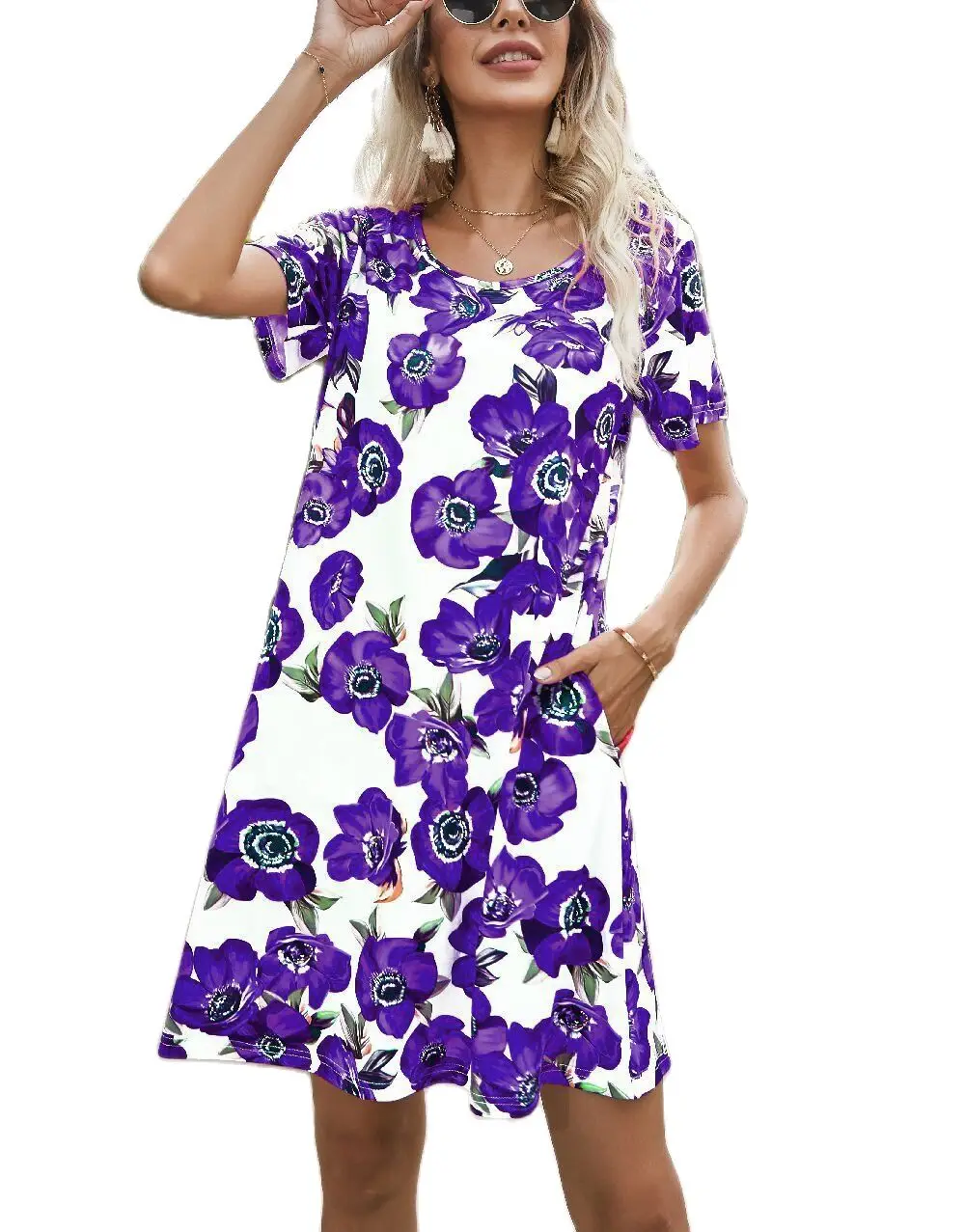 

Fashion Flower Printing Casual Loose O-Neck Short Sleeve With Pockets New For Women Summer 2021 Hot Sale Boho Dress Vestidos