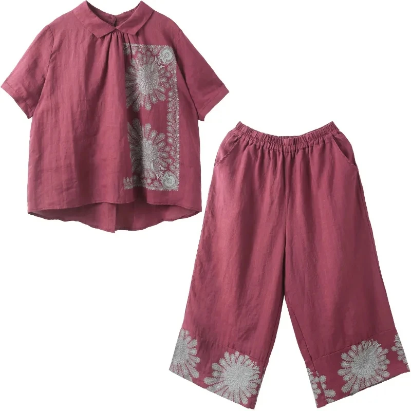 

Vintage Loose Print 2 Piece Set Women Big Size Casual Turn-down Collar Short Sleeve Tops + Wide Leg Pant Suit Lounge Wear Female