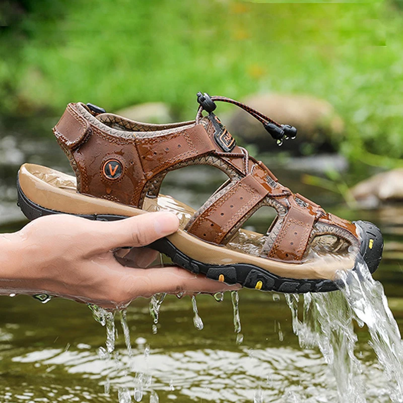 

Fashion Summer Casual Men Outdoor Sandals Breathable Flat Sole Beach Shoes Brown Water Shoes Genuine Leather Casual Sandals 2021