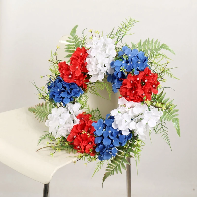 

Artificial Hydrangea Wreath American Patriotic Independence Day July 4Th Wreath for Front Door Wall Window Home Decor