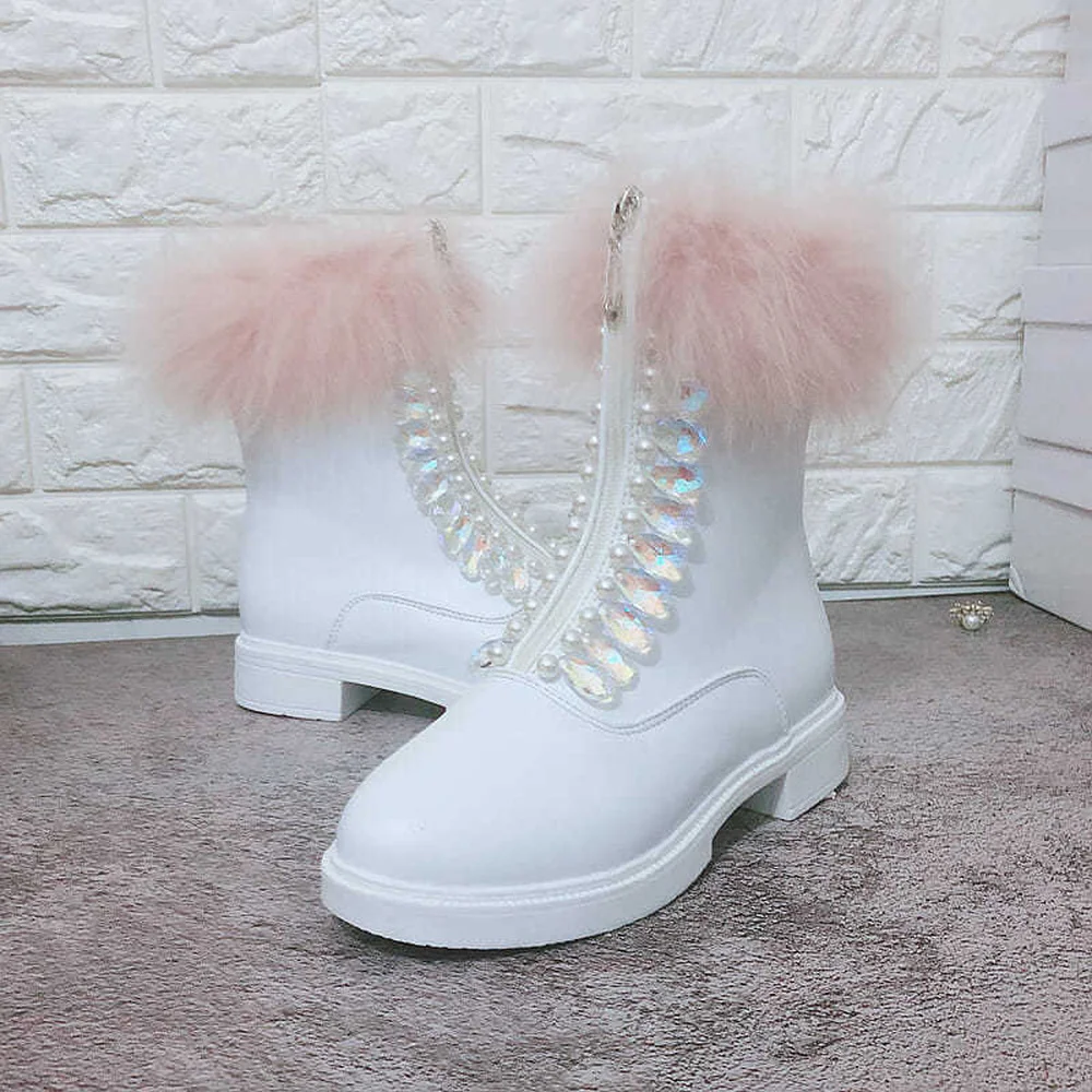 

Womens Round Toe Rhinestones Crystal Ankle Boots Platform Mink Fur Chunky Heel Shoes Central Zipper Girls DIY 202220222022