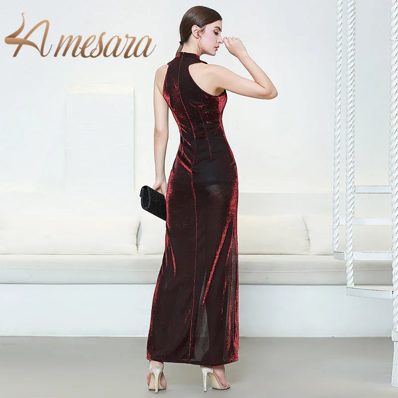 

2021 Women's New Shiny Sleeveless High Split Sexy Halter Neck vestido de festa Evening Long dress Banquet Party Dress 319092-1