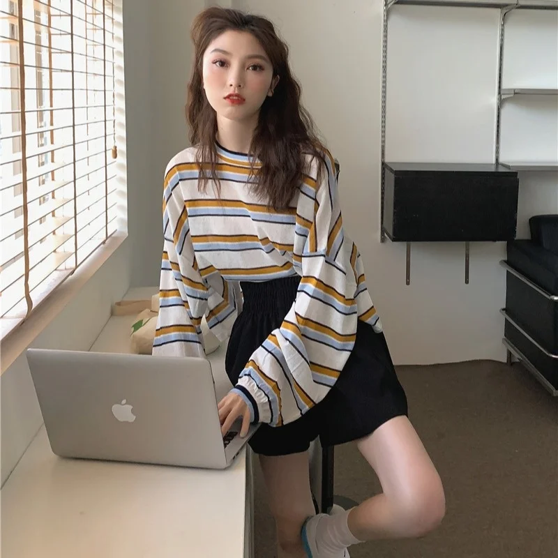 Женская футболка в полоску вязаная Солнцезащитная Новинка лета 2021 свободный