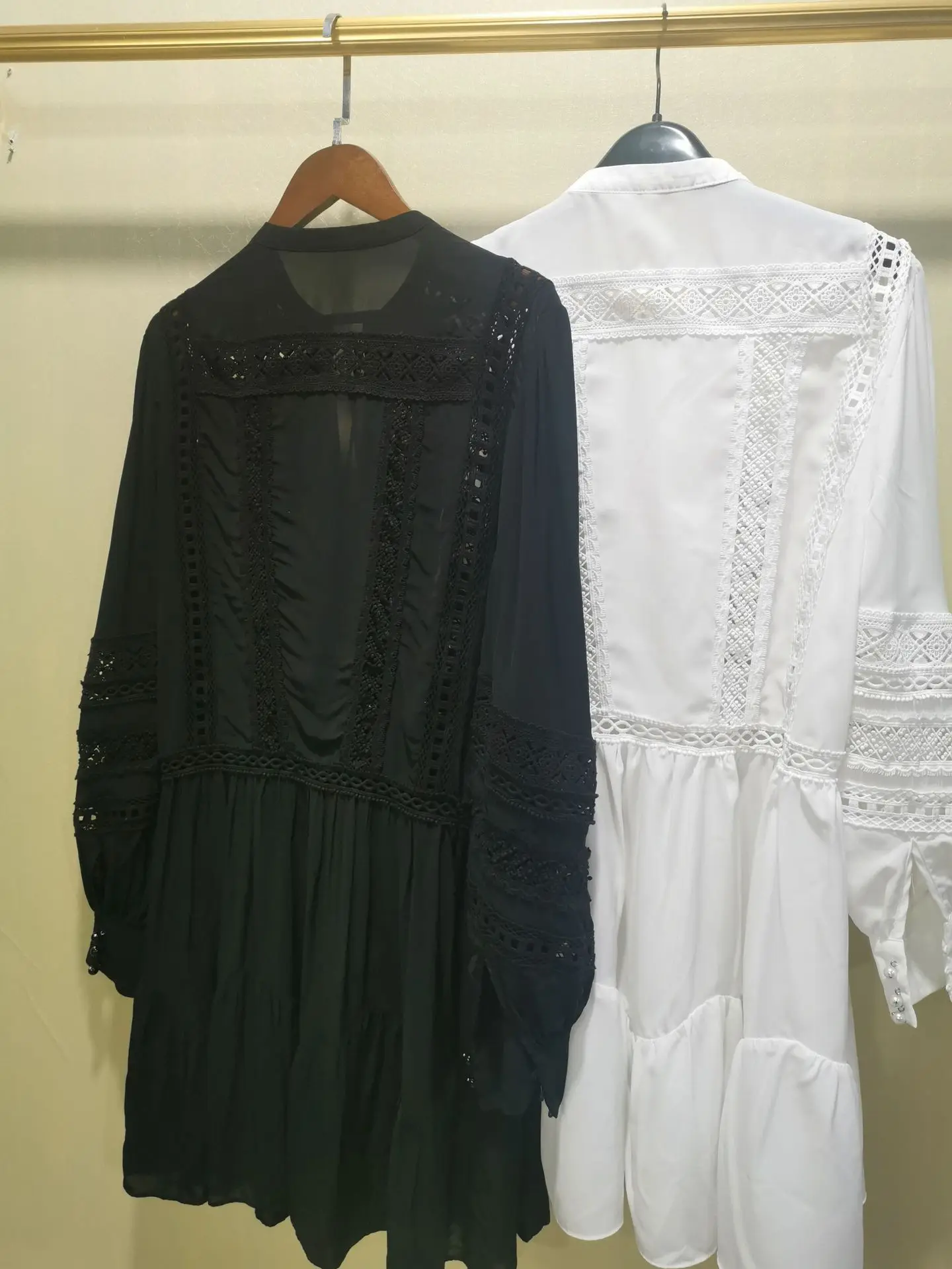 

Women's Mini Dress Lantern Sleeve Hollow Out Lace Up 2021 Summer Ruffle Dress Black White Vintage Short Robe