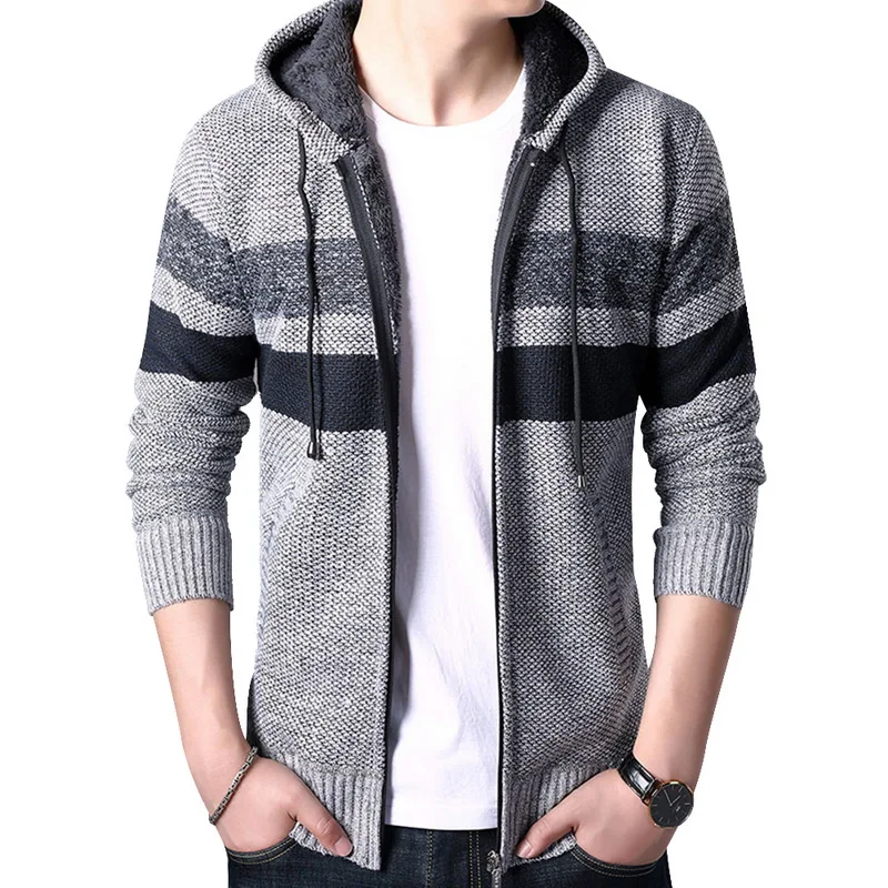Light Gray MJARTORIA, мужской свитер, пальто, зима, толстый теплый кардиган с капюшоном, джемперы, мужские, в полоску, кашемир, шерсть, на молнии, флисовые пальто для мужчин - Цвет: Light Gray