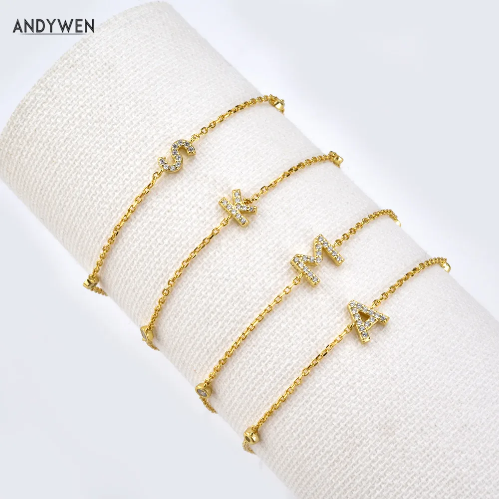 ANDYWEN 925 пробы серебряные инициальные 26 букв алфавита монограмма золото имя