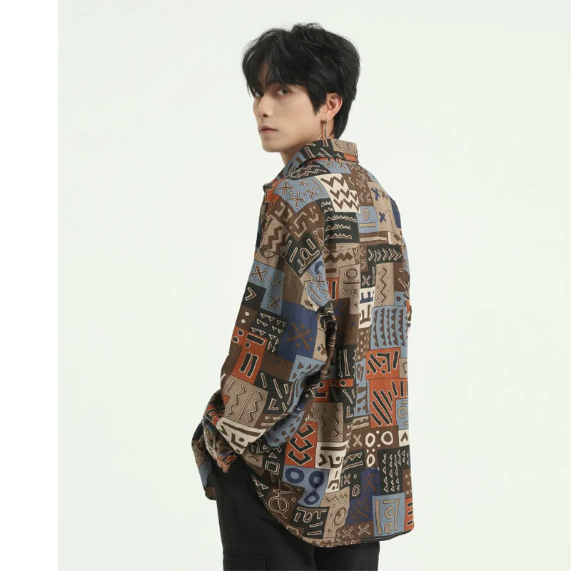 Мужская винтажная Повседневная рубашка с принтом и длинным рукавом Уличная