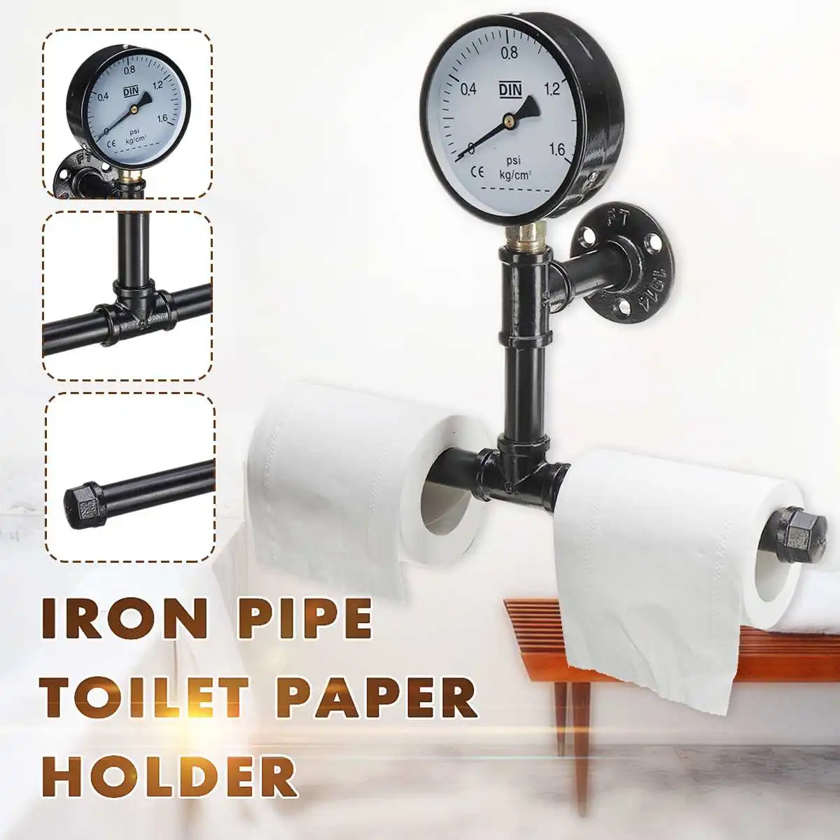 

Retro Industrial Roll Paper Holder Organizer Iron Wall Mounted Tissue Pipe Bracket Kitchen Bathroom Rack Towel Bar Shelf Hanger