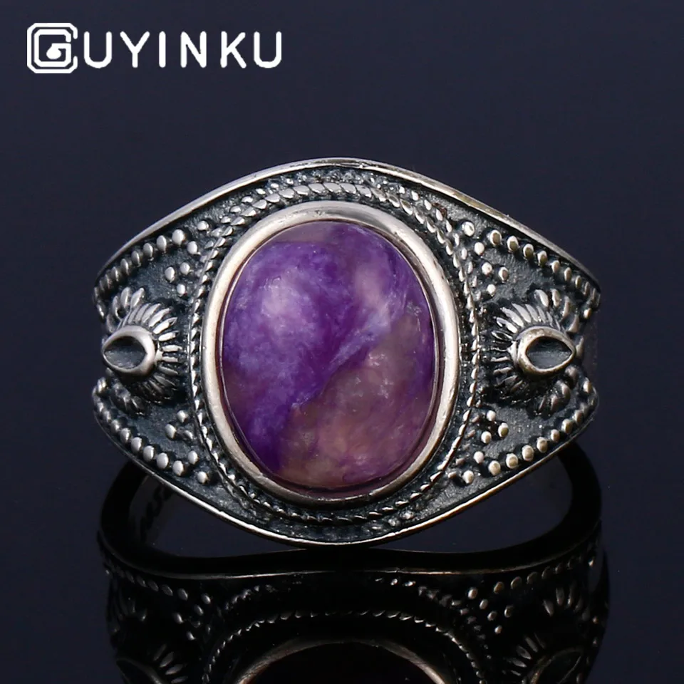 Charoite Beads GUYINKU Природный чароит Lapis розовый кварц красочные драгоценные камни кольца 925 пробы серебряные ювелирные изделия для женщин мужчин пара колец - Цвет камня: Charoite Beads