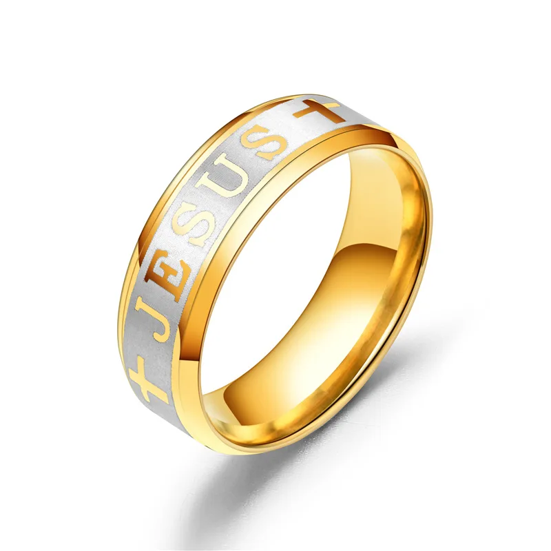 Модное кольцо из титановой стали с выгравированным крестом и надписью Иисуса 8 мм