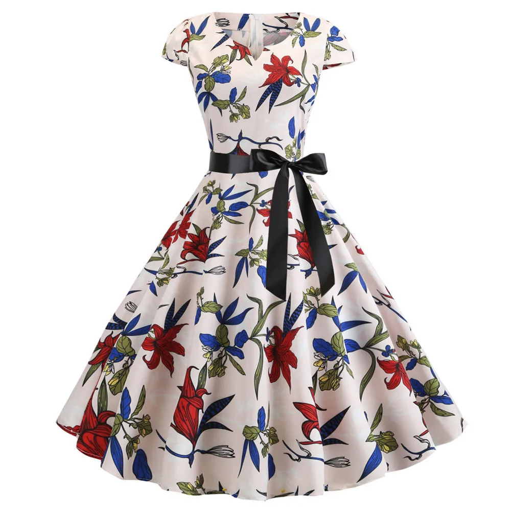 Vintage Dress 2019 Summer Floral Print Short Sleeves Dresses 50 S 60 Office Party Rockabilly Swing Retro Pinup Plus Size |