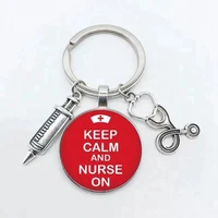 brand newhigh quality 1 piece nurse medical syringe stethoscope image keychain glass cabochon and glass dome key ring pendant