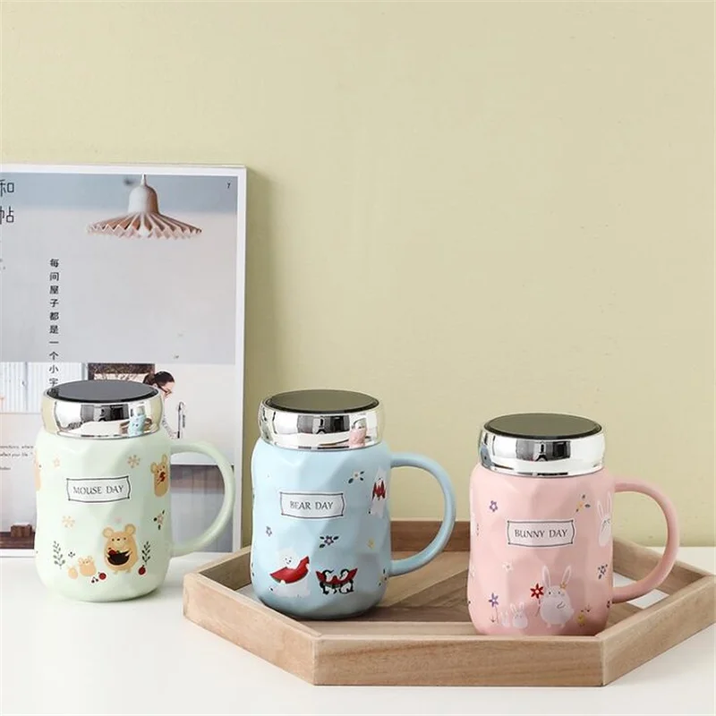 

450ML Large Capacity Ceramic Mug With Lid Cartoon Milk Coffee Breakfast Mugs