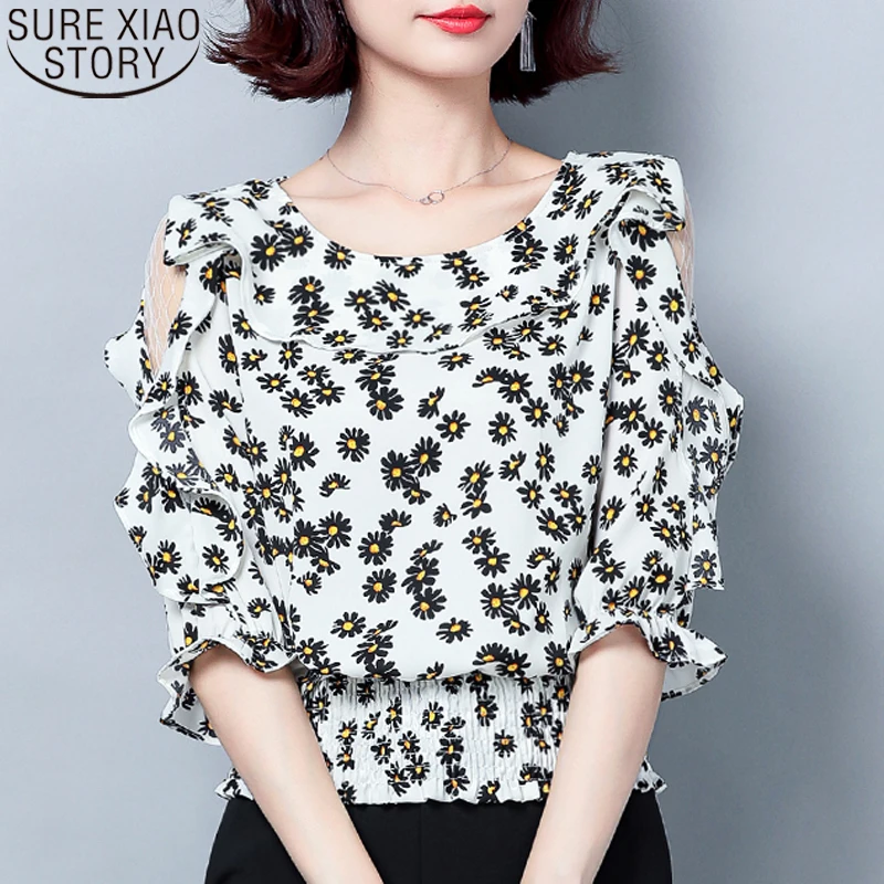 

Женская шифоновая блузка с цветочным принтом, с коротким рукавом