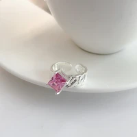 wonderful square pink color zirconia charm rings for women ladies asymmetry hollow chain alloy open rings funny accessories