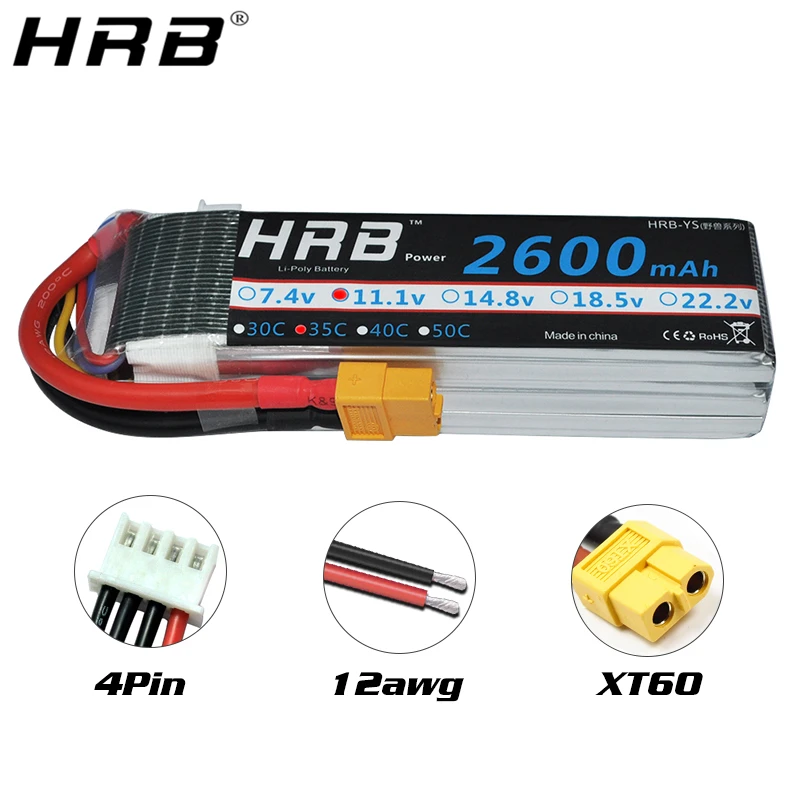HRB 3S 11.1V Lipo Battery 2600mah XT60 T Deans XT90 EC5 Female Plug 35C For Axial Racing Airplanes FPV Drone Car Boat RC Parts | Игрушки и