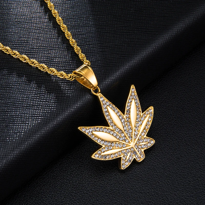 Хип-хоп Золото Цвет Нержавеющая сталь Bling Iced Out Веревка Цепь Конопляный лист