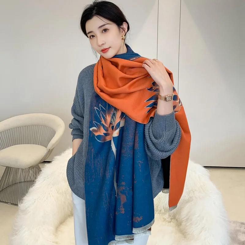 

Роскошные женские кашемировые шарфы из пашмины с цветочным принтом женская модная универсальная шаль шарф двусторонний толстый теплый шарф Bufanda