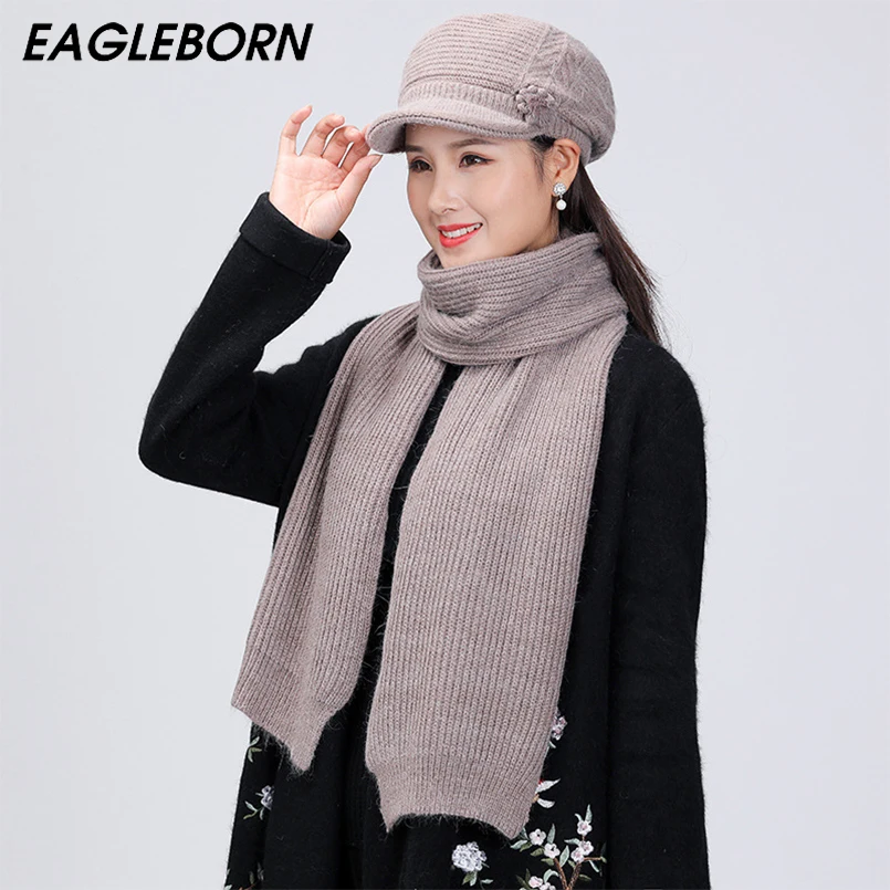 

Fashion Hat Mom Hat Scarf Set Warm Hat Retro Beret Winter Cold Protection Grandma Plus Velvet Leisure Woolen Knitted Hat Women