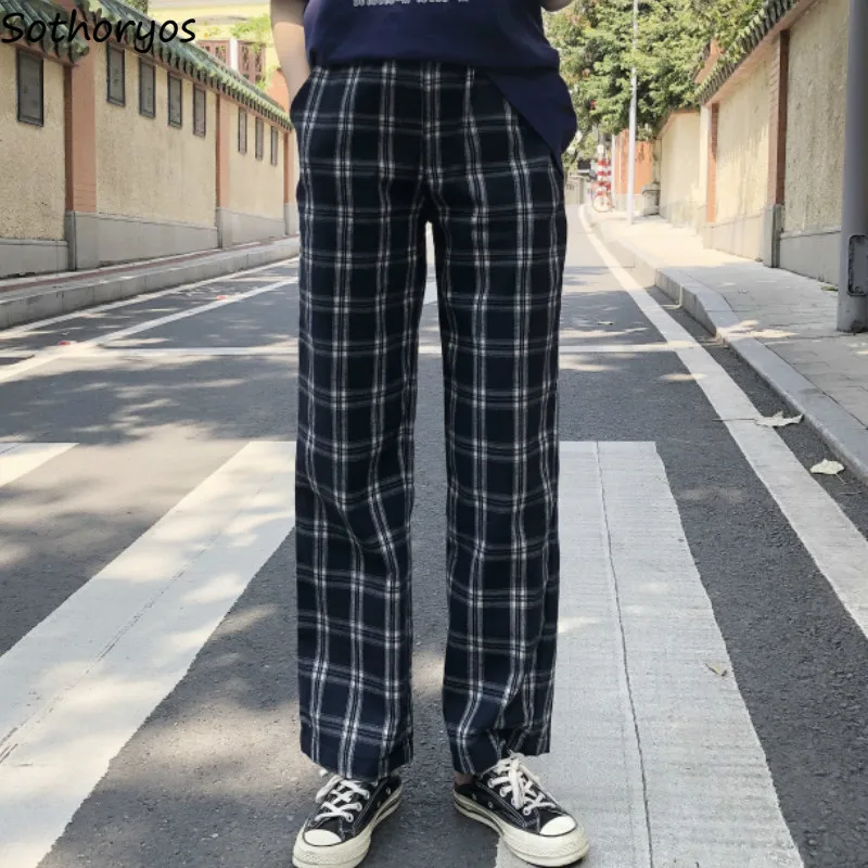 

Женские брюки в клетку с высокой эластичной талией, новинка для школы, подходящие ко всему прямые Простые повседневные Удобные Ретро брюки ...