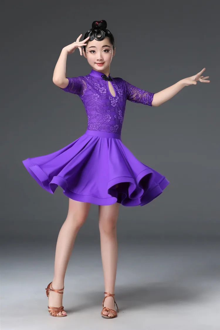 Детское платье для латинских танцев фиолетовое кружевное танцевальный костюм