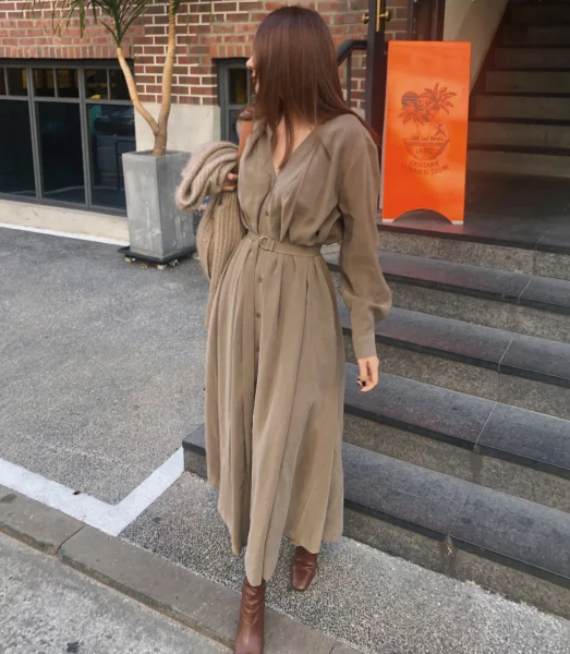 

2021 Springv-neck Single-breasted Female Long Dresses Elegant Long Sleeve Belted Women Dress Straight Loose Vestidos
