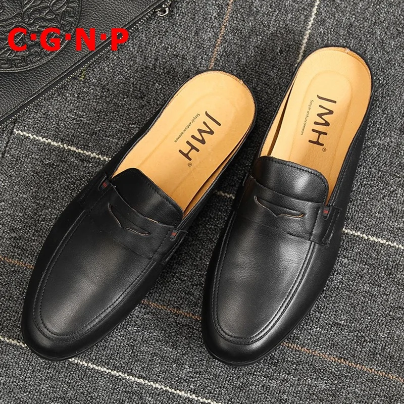 

C·G·N·P New Summer Genuine Leather Men Shoes Luxury Brand Casual Loafers Shoes Moccasins Slip On Half Slippers For Men