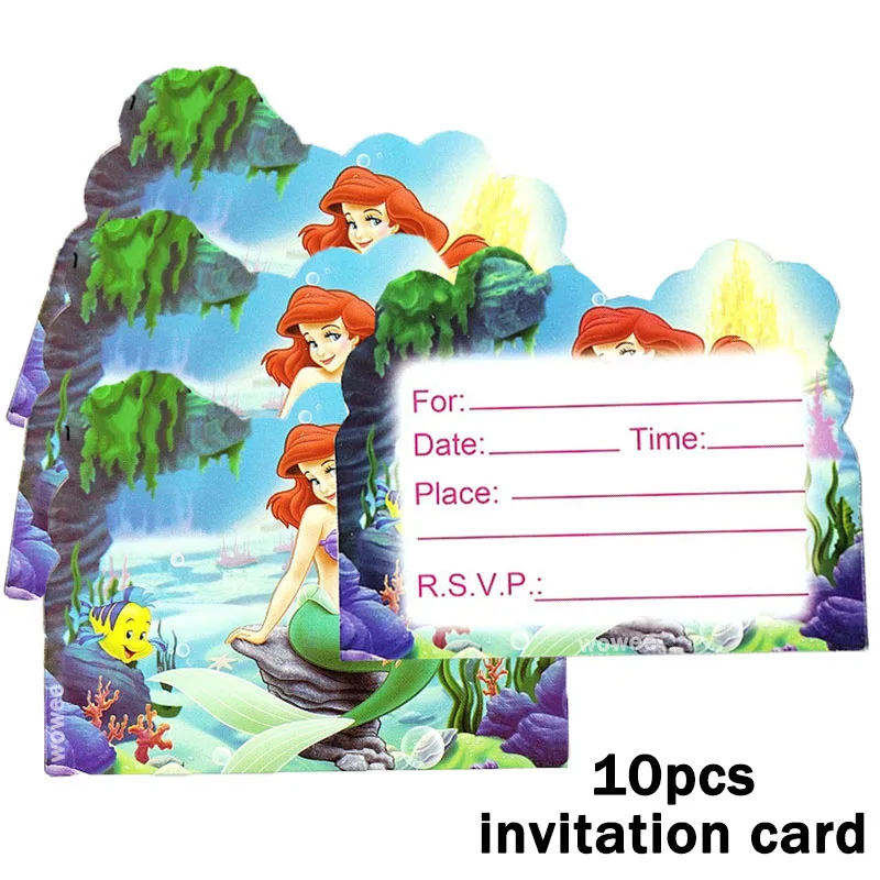 10pc Invitation Card 10 шт./пакет Русалка День рождения украшения пластина для детей Русалка День рождения поставки подарки для детей с рисунком Русалочки Ариэль - Цвет: 10pc Invitation Card