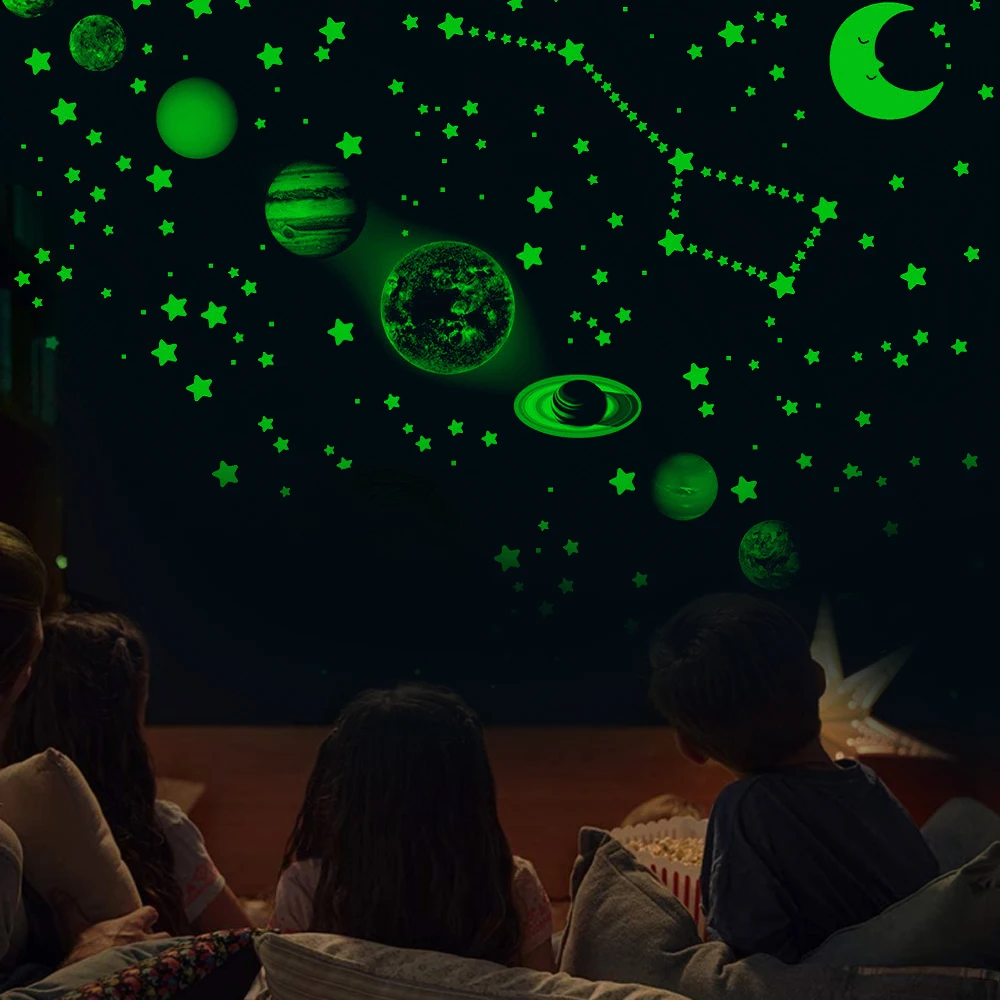 

Kids Rooms Planet Stickers Star And Moon Home Decor Stickers Night Glow Round Planets Cartoon Stickers Star PVC Wall Stickers