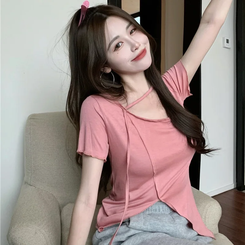 

Summer Split Short-Sleeved Women T-Shirt Korean Irregular Tops Female Solid Color O Neck T ShirtsFemale Crop Top Ladies Shirt