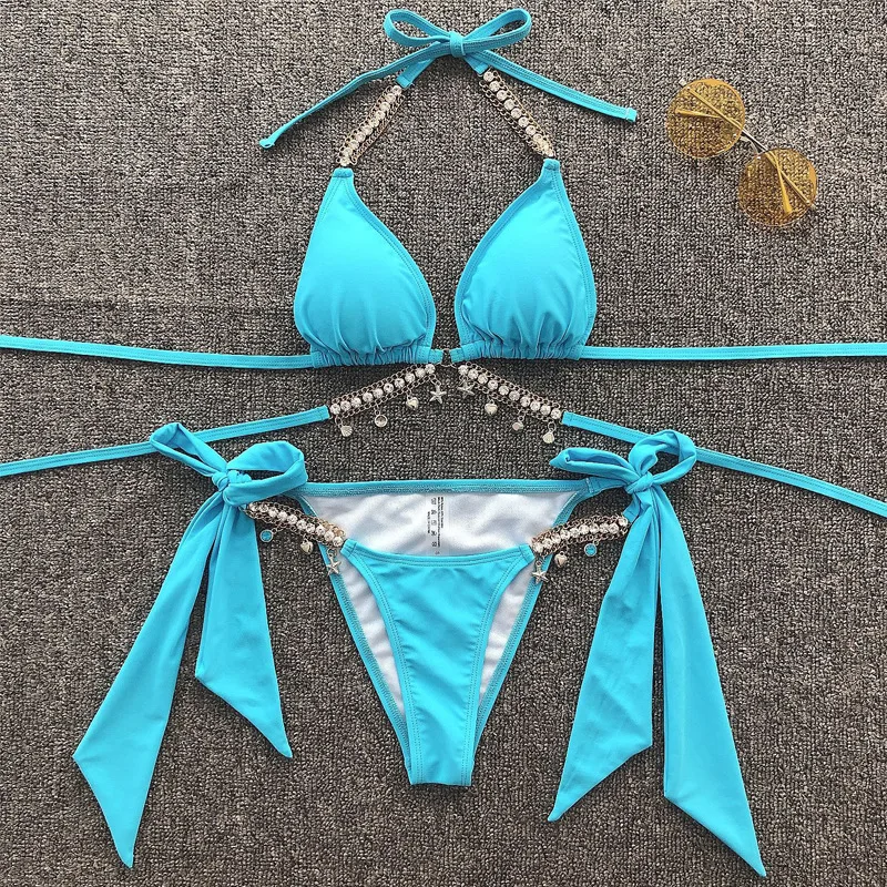 

2021 Summer New Bright Diamond Strap Slit Two-Piece Swimsuit Female Sense Triangle Cup Bikini Suit Women Swimwear Seaside Party