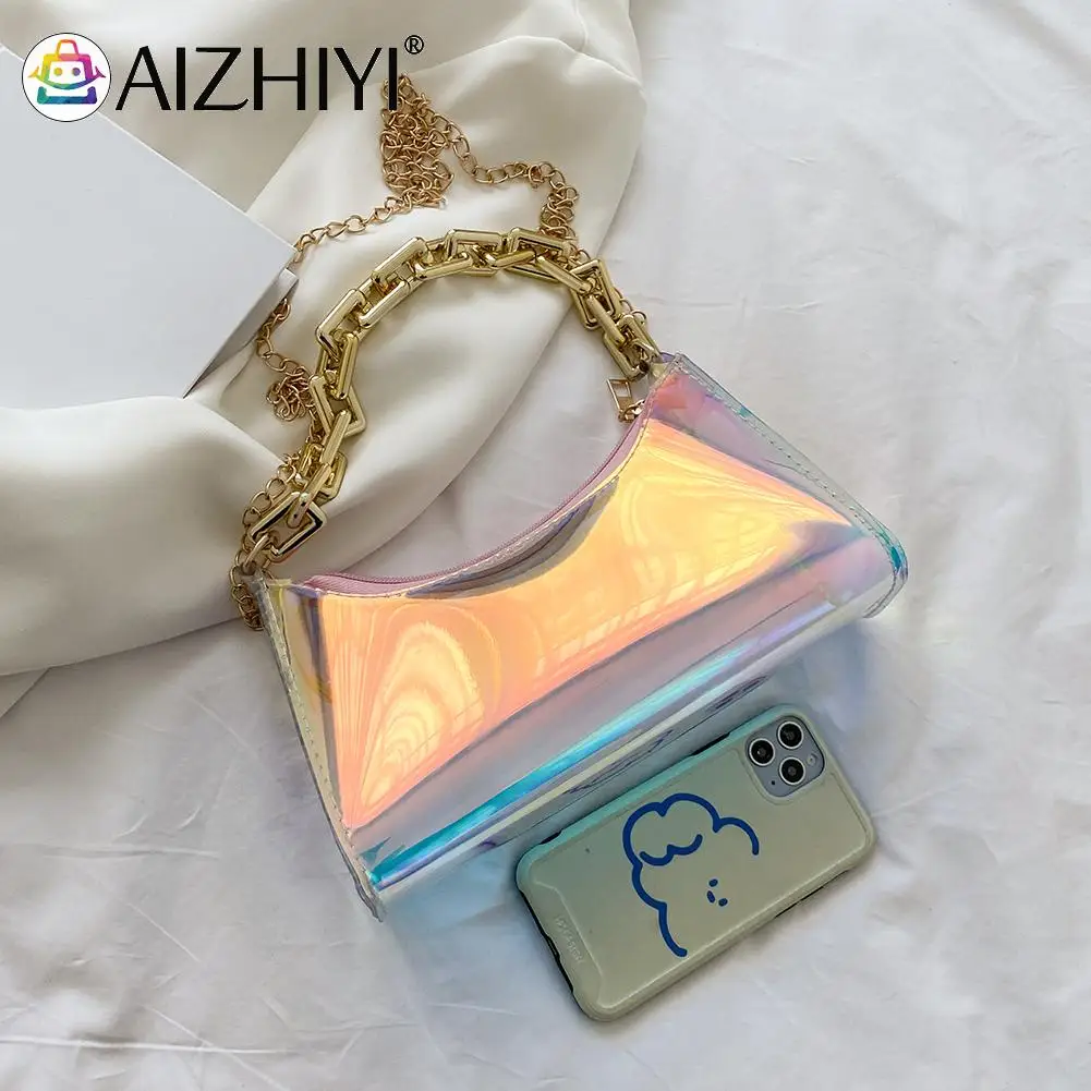 

Прозрачная женская сумка через плечо с лазерной печатью, маленькая дорожная Сумочка через плечо на толстой цепочке в стиле ретро для женщин...