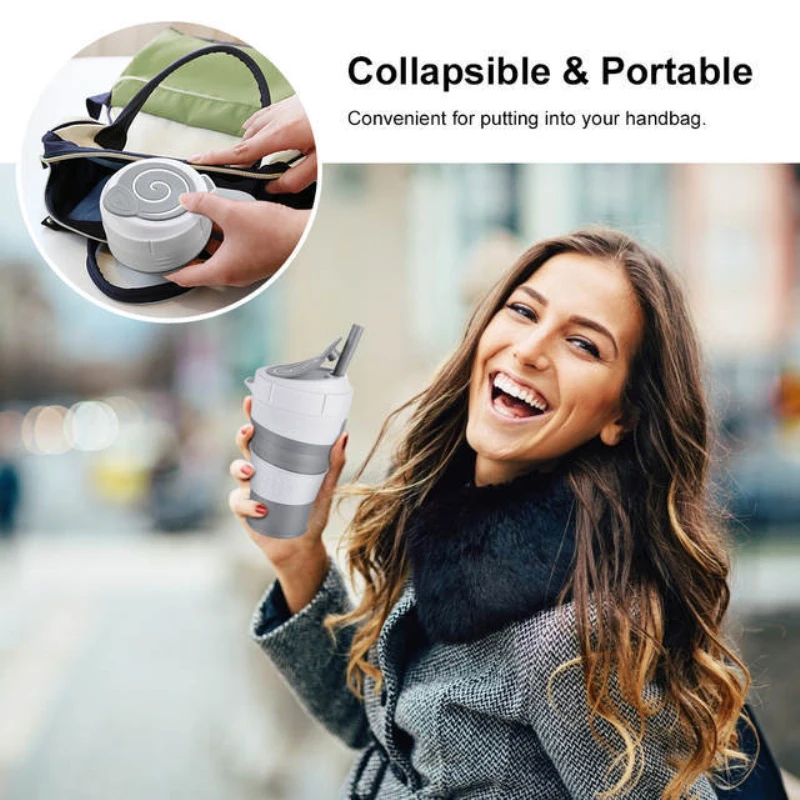 

3 Colors Silicone Composite Travel Mug Foldable Coffee Cup With Leak-proof Lid Collapsible Cup Wear Resistance Drop Resistance