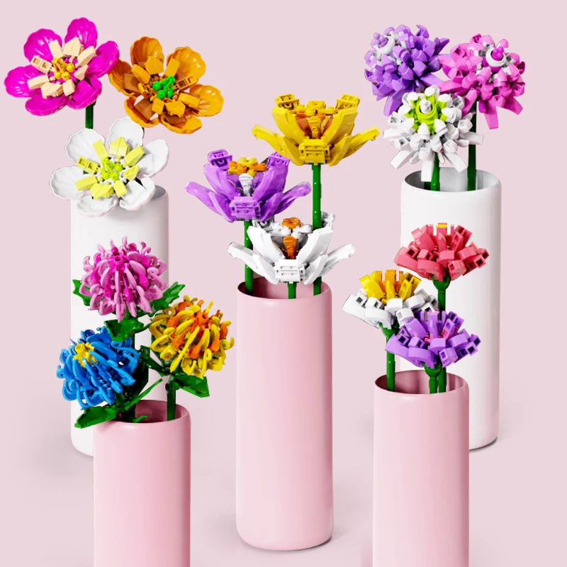 

SENBAO DIY Flower Bouquet Pink Tulips /Saffron / Hibiscus Building Block Romantic Friends Kit Assembling Toys for Children Gift