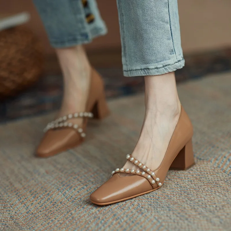

Retro Women Pumps Square-head Ladies Party High Heels 2021 Spring/Autumn Pearl Female Heels 5.5cm High Career & Office Shoes