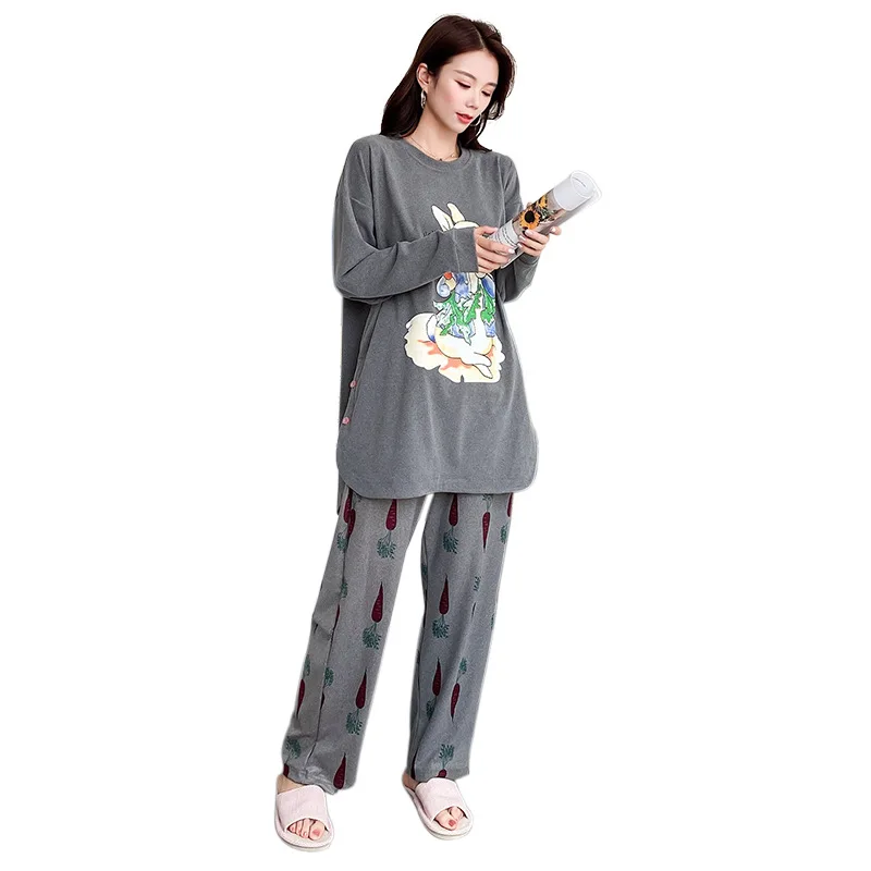

2020 Autumn winter Dralon Warm Printed women pajamas Suit plus Size round Neck Loose Fashion Thicken 2 pieces set home wear
