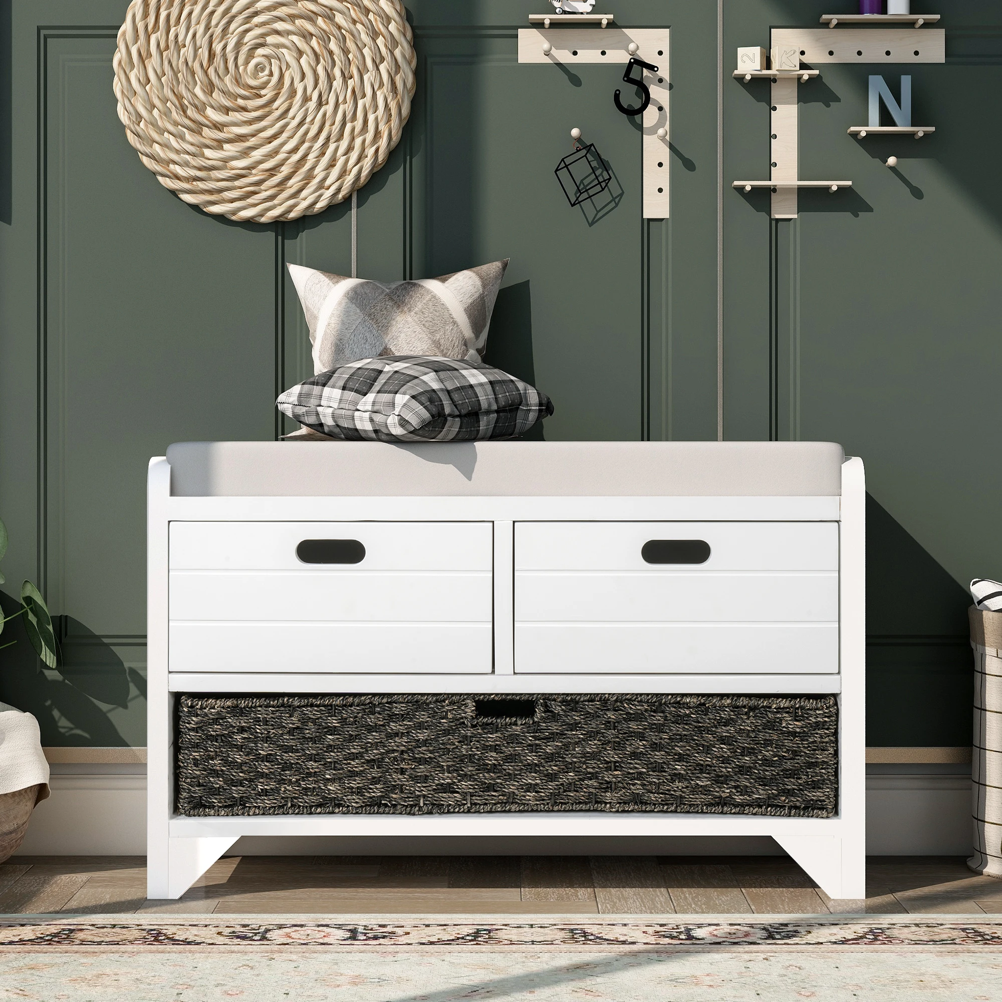 

Storage Bench Entryway Bench with Removable Basket and 2 Drawers, Fully Assembled Shoe Bench with Removable Cushion for Hallway